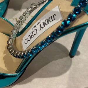 Jimmy Choo Saeda blue patent pumps 100mm
